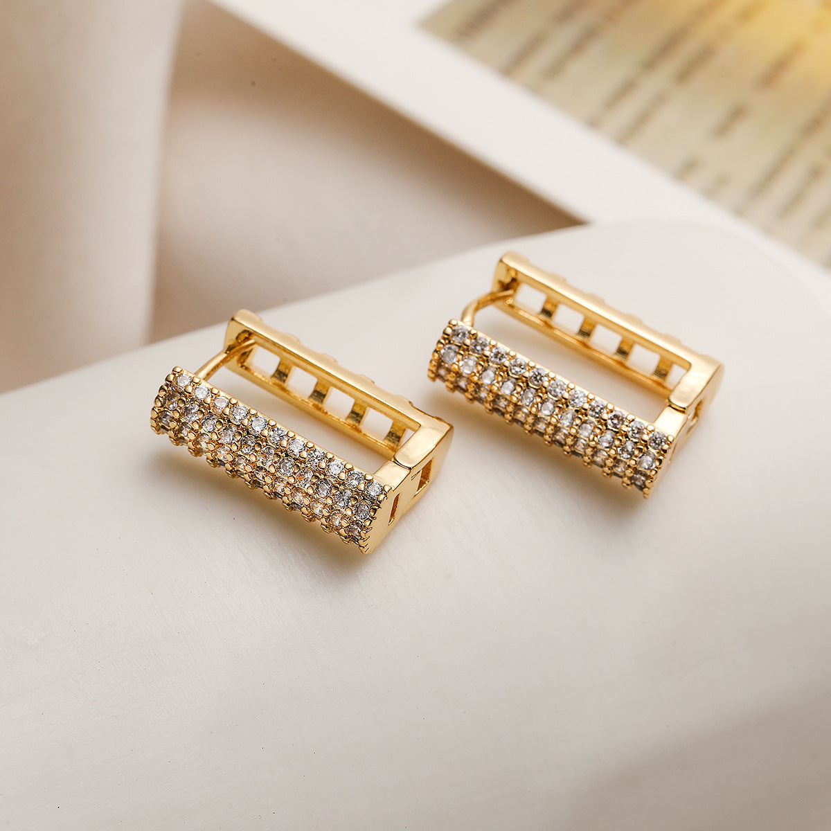 Minimalist Geometric Copper Ear Studs with Real Gold Plating and Zircon Inlay for Women