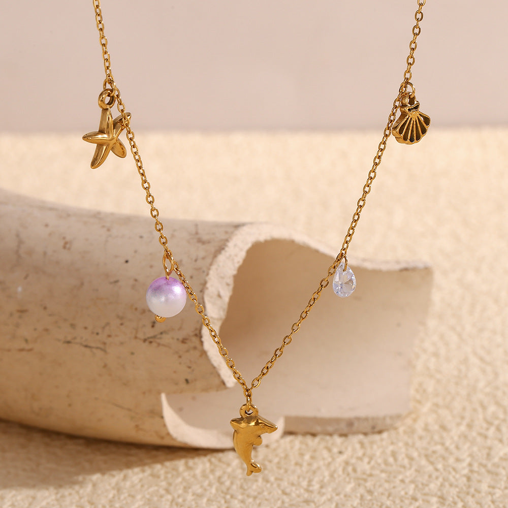 Collar con Colgante de Acero Inoxidable de Inspiración Marina Vintage con Abalorios de Estrella de Mar y Delfín, Chapado en Oro de 18K, Accesorio de Moda Femenina
