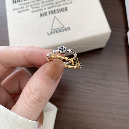 Anillo geométrico de cruz con diamante negro, chapado en oro, de plata de ley 925, minimalista vintage