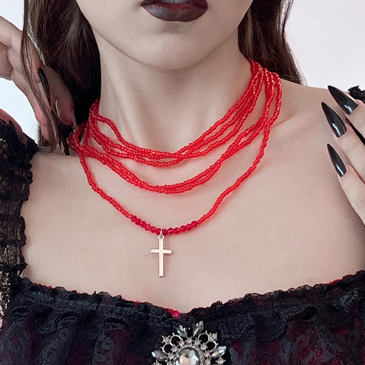 Collana Pendente Gotica Vintage "Edgy" Multistrato con Croce Geometrica da Donna, in Resina Plastica e Lega, con Catena a Sfera