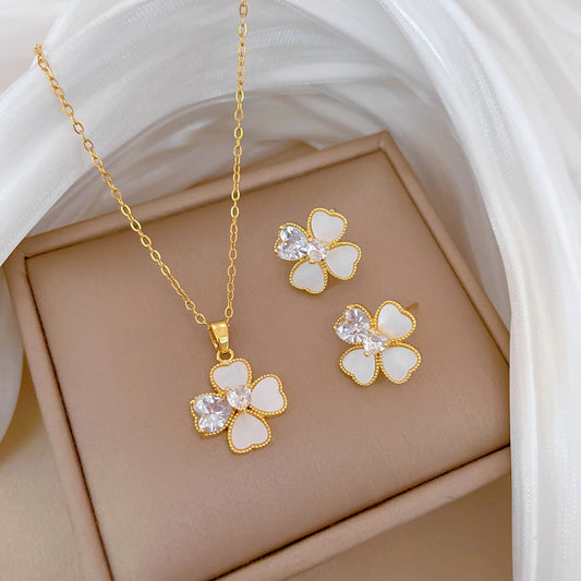 Luxury Titanium Steel Geometric Shell and Four-Leaf Clover Necklace and Earrings Set for Women