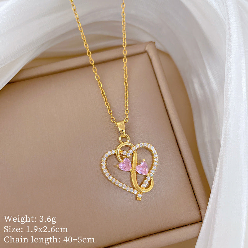 Sweet Minimalist Heart Geometric Rhinestone Pendant Titanium Steel Necklace for Unisex