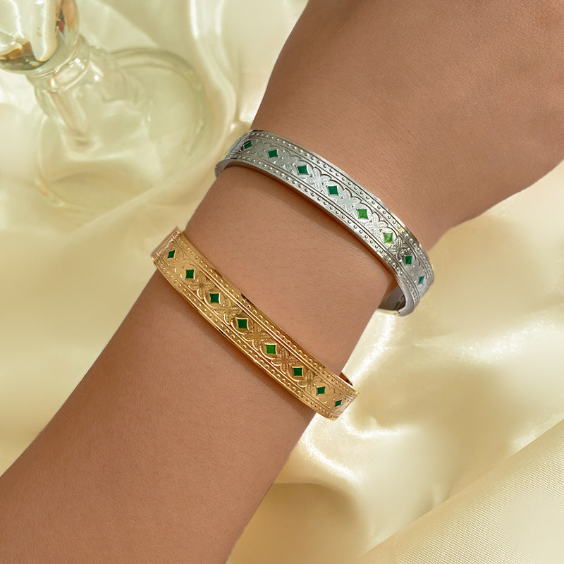 Vintage Geometric Green Cubic Zirconia Inlay Titanium Steel Cuff Bracelet