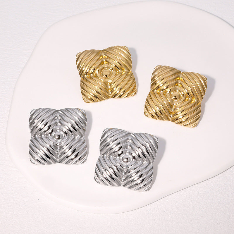 Vintage Geometric Square Textured 18K Gold Plated Stainless Steel Stud Earrings for Women