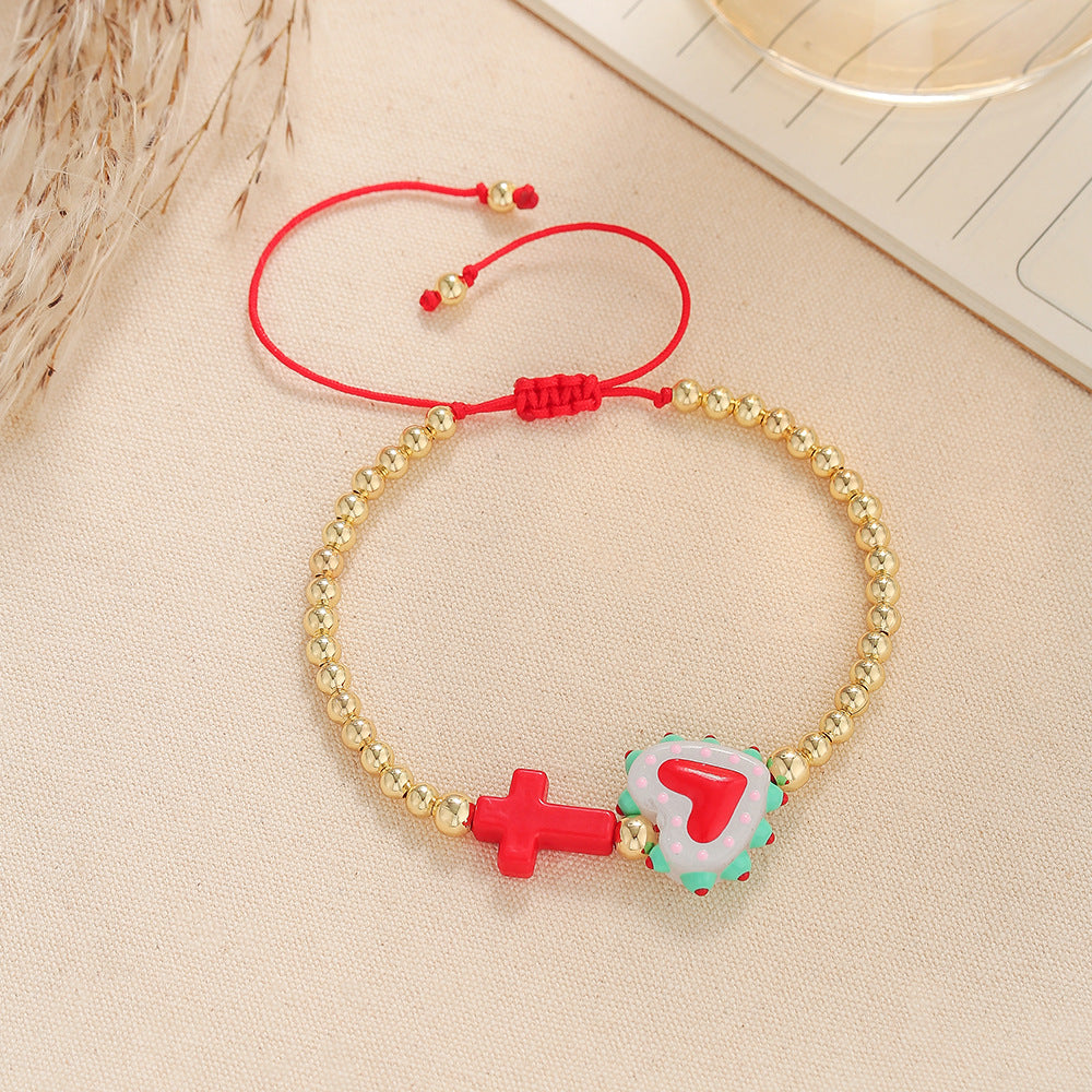 Casual Elegant Handmade Geometric Cross Heart Turquoise Bracelet with Gold Bead Accents