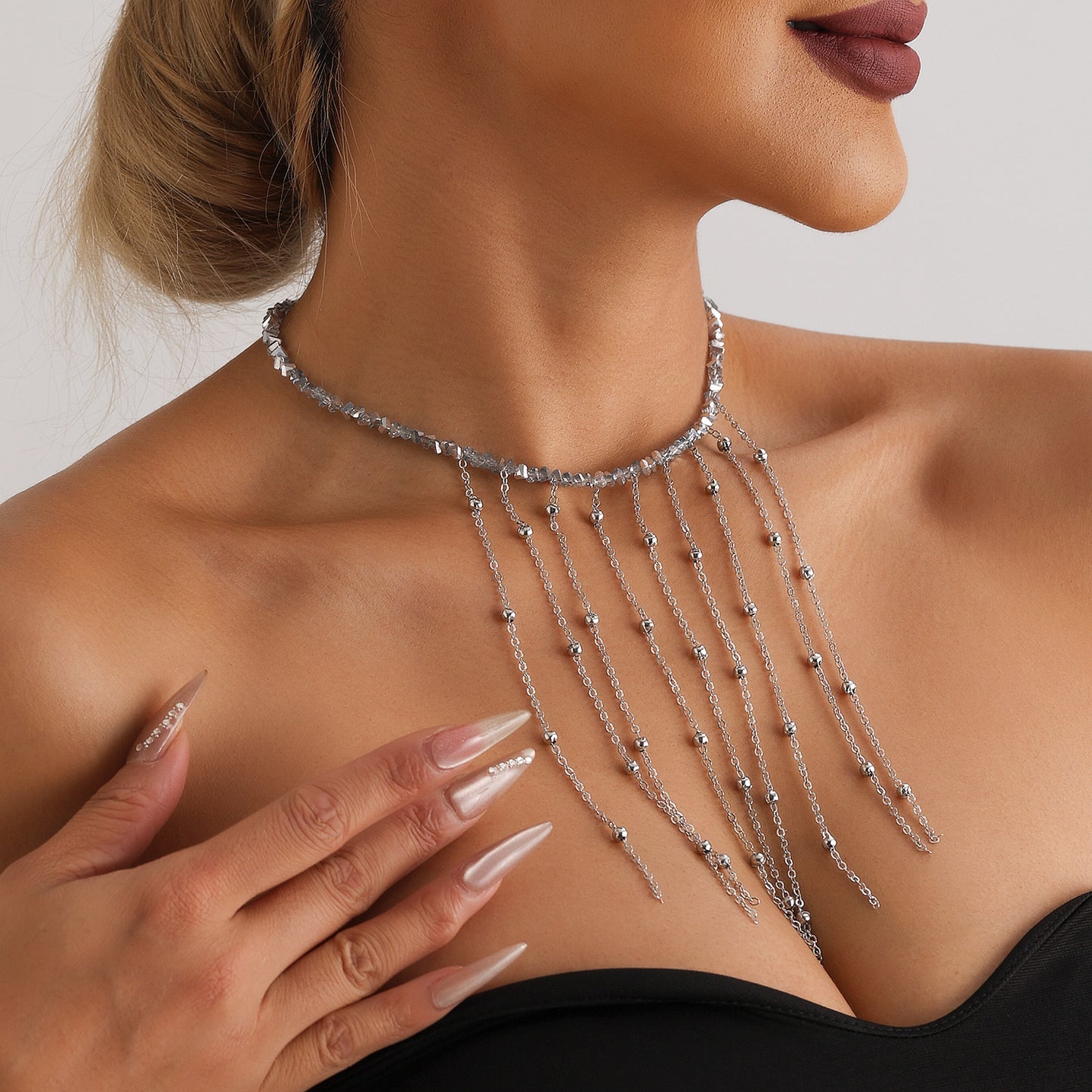 Fashion Minimalist Tassel Clavicle Necklace with Mirror Glass Beads and Geometric Pendant in Electroplated Alloy