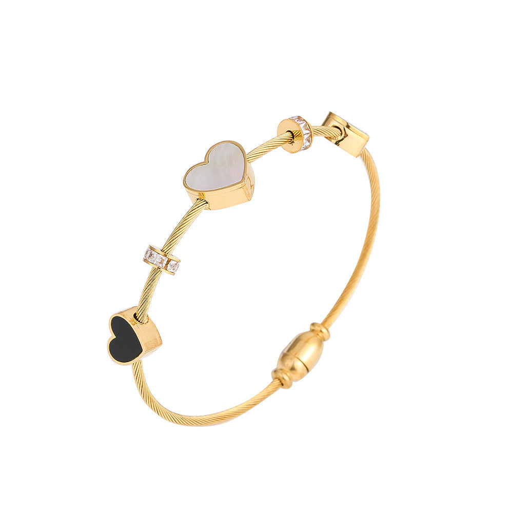 Minimalist Double Heart Titanium Steel Bracelet for Women with Micro-Paved Zirconia and Gold Plating