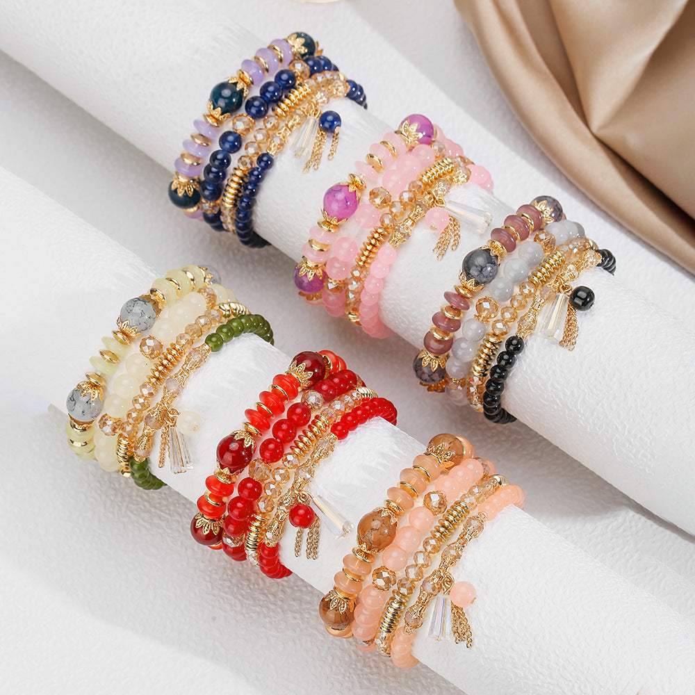 Bohemian Ethnic Geometric Round Glass Agate Crystal Tassel Multi-layer Bracelet