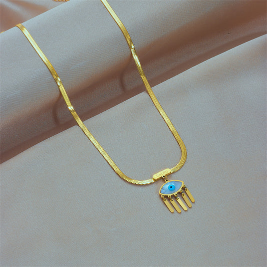 Vintage U-Shaped Snake Chain Necklace in Titanium Steel with Blue Eye Pendant and Fringe Detail