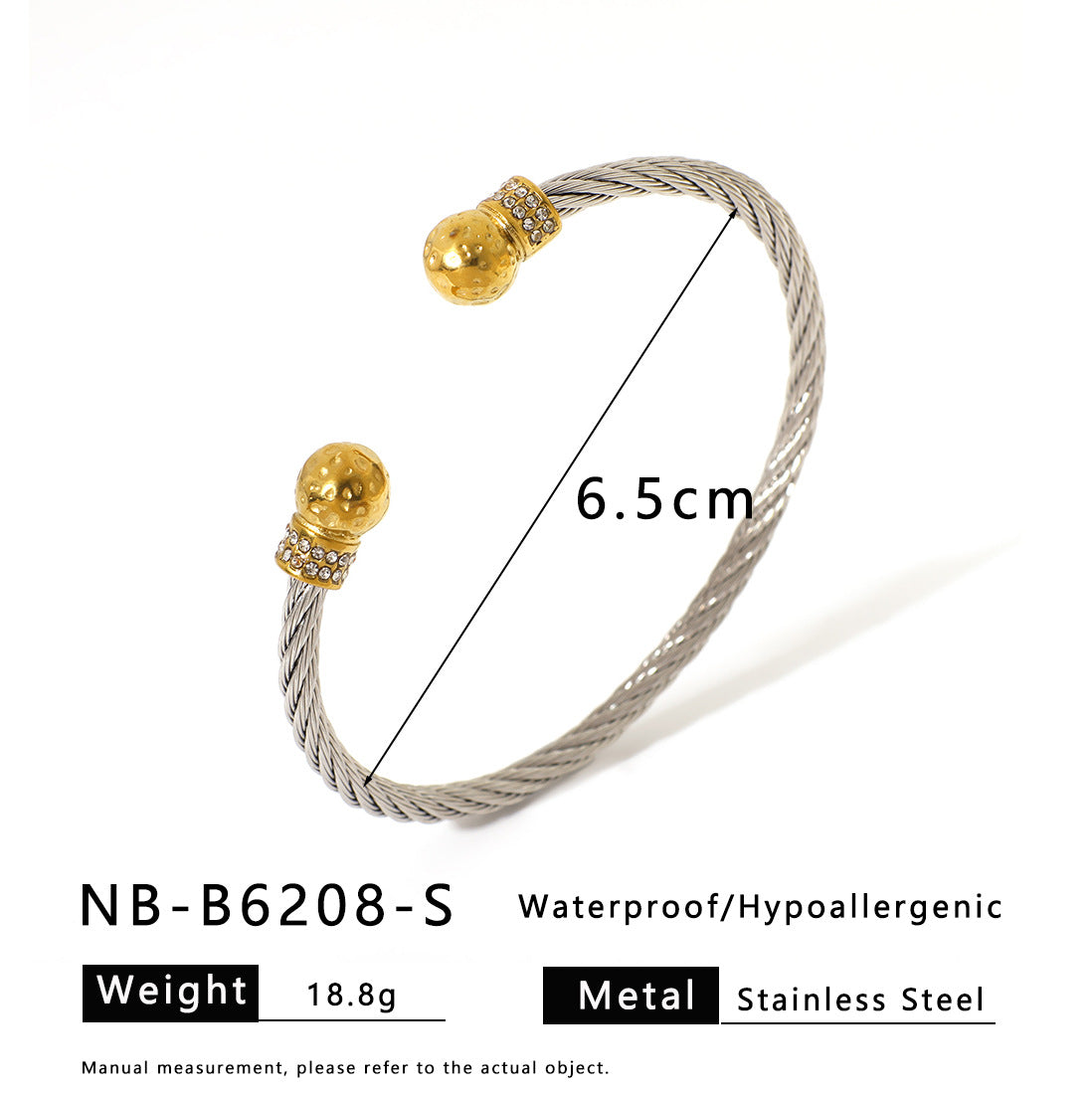 Bracciale da donna in acciaio inossidabile a polsino aperto, con accento di perle geometriche minimaliste e placcatura sottovuoto in titanio 18K