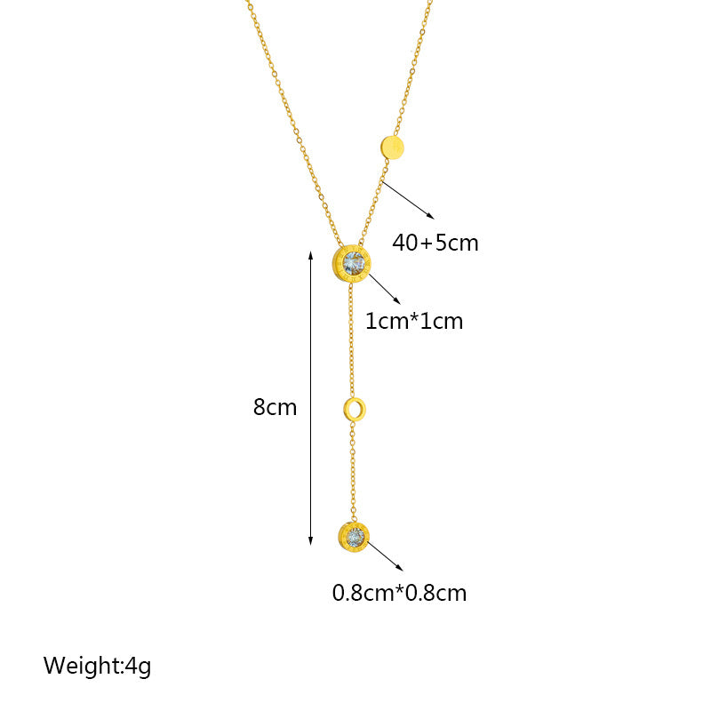 Collana a Pendente Lunga Minimalista con Nappina, Design Geometrico Circolare con Strass, in Acciaio al Titanio Placcato, da Donna