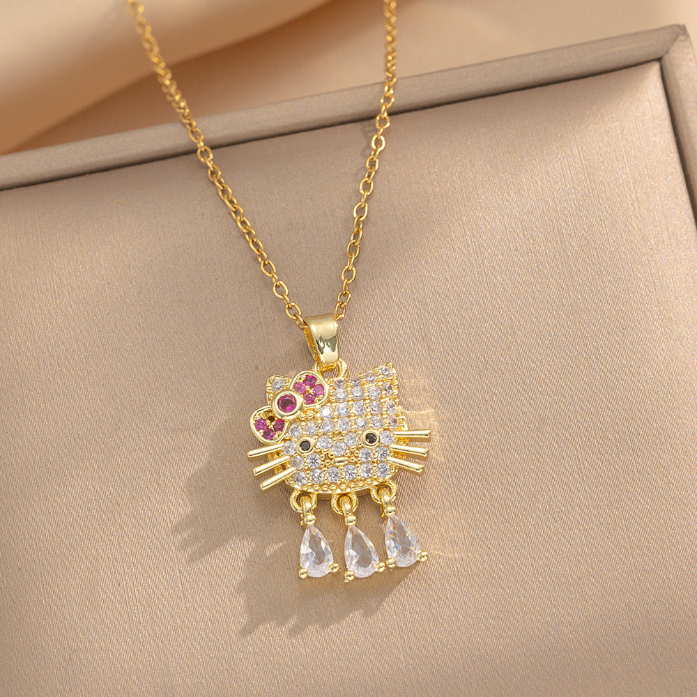 Luxury Cat Pendant Necklace in Titanium Steel with Micro-Paved Zirconia and 18K Gold Plating, Delicate Clavicle Chain for Women and Men