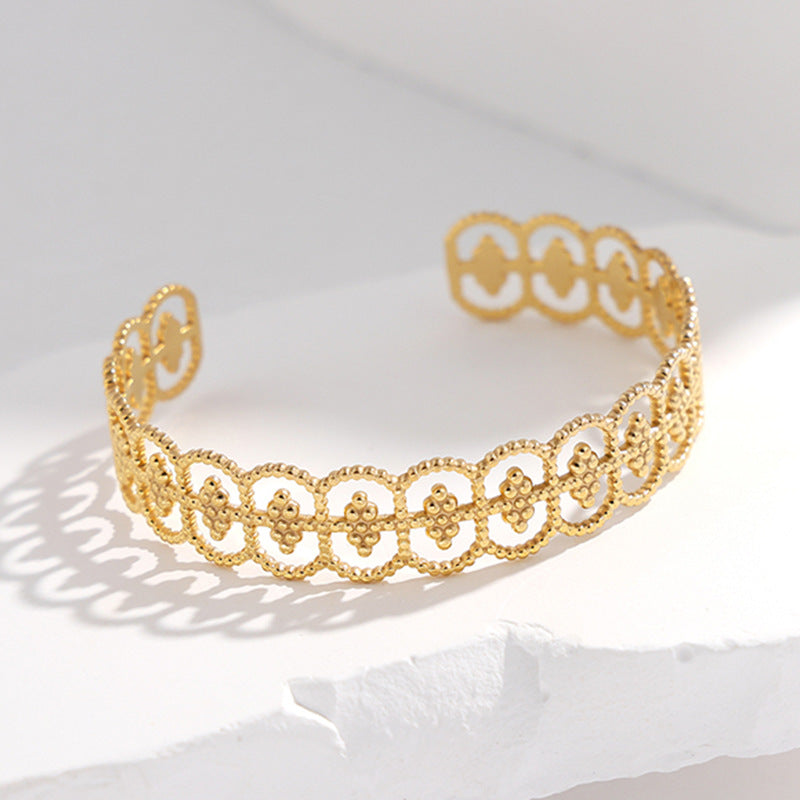 Adjustable Titanium Steel Bracelet for Women with Geometric Line Design Electroplated Finish Statement Cuff