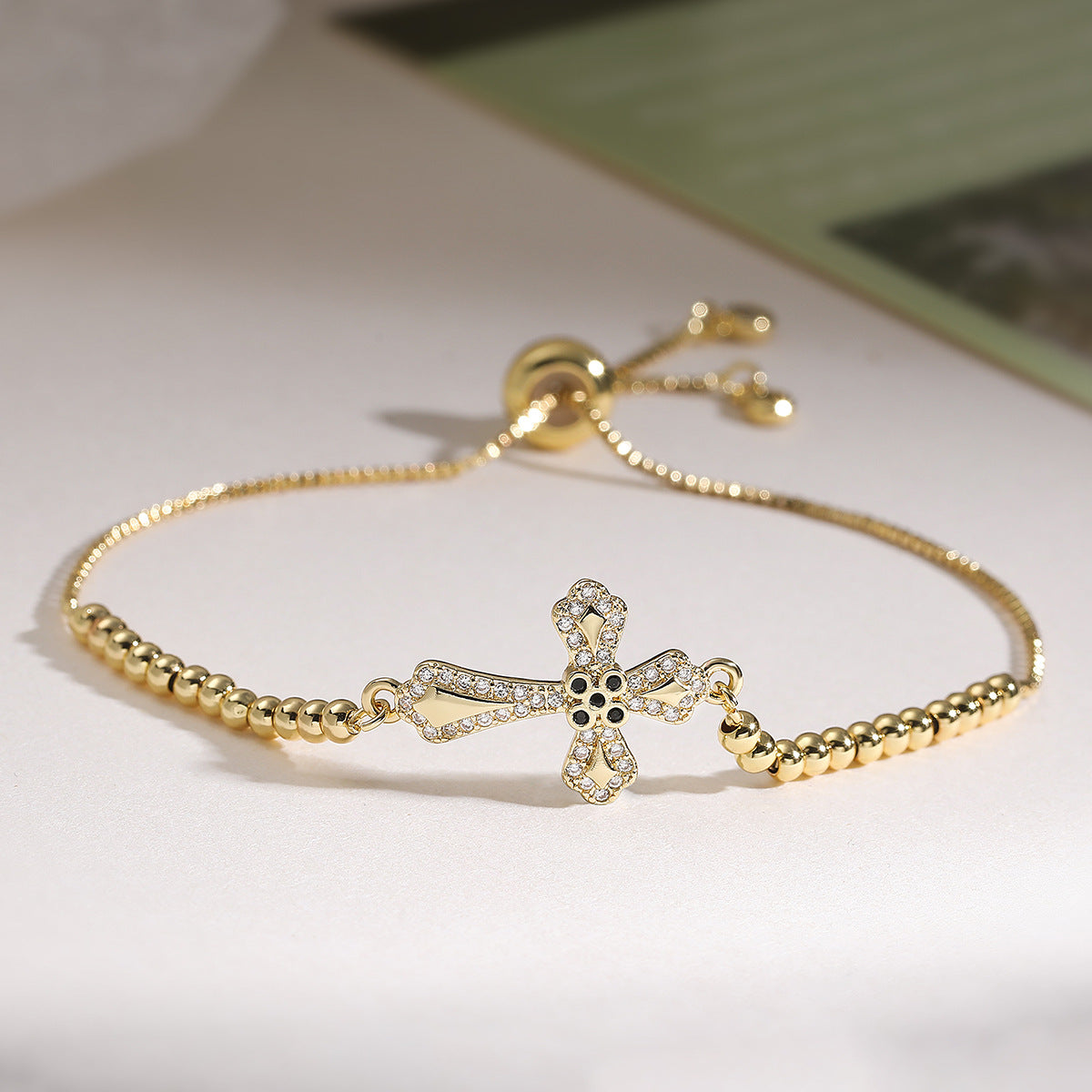 Minimalist Elegant 18K Gold Plated Brass Cross Bracelet with Cubic Zirconia Inlay for Women