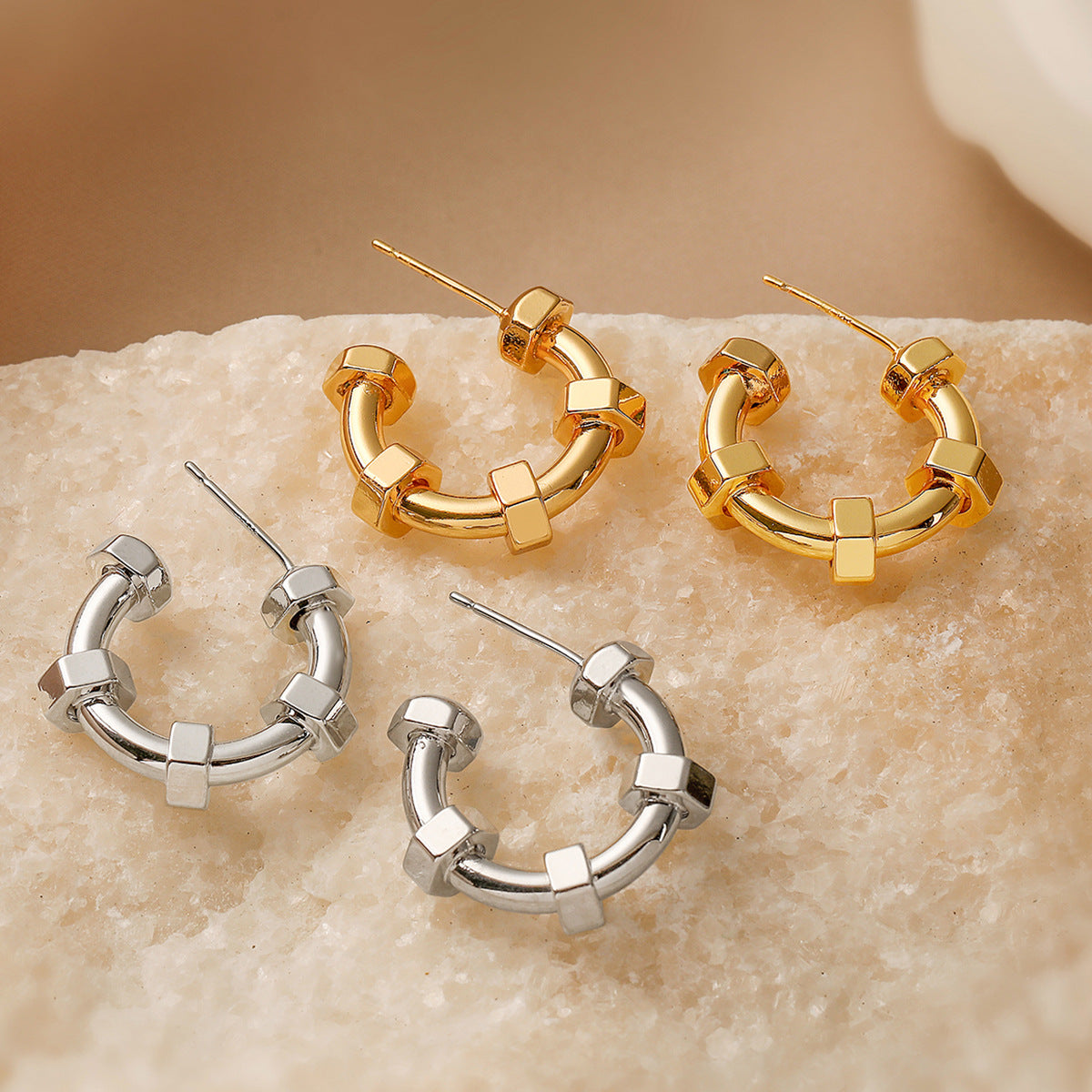 Punk Style Geometric C-Shaped Earrings for Women in Copper with 18K Gold Plating