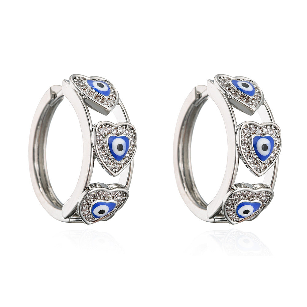 Orecchini da Donna a Cuore in Rame, alla Moda, con Micro-Incisione di Strass e Dettagli in Smalto
