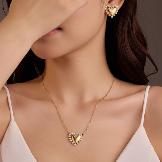 Vintage Heart-Shaped Stainless Steel Pearl Pendant Necklace with Geometric Chain and Matching Earrings for Women