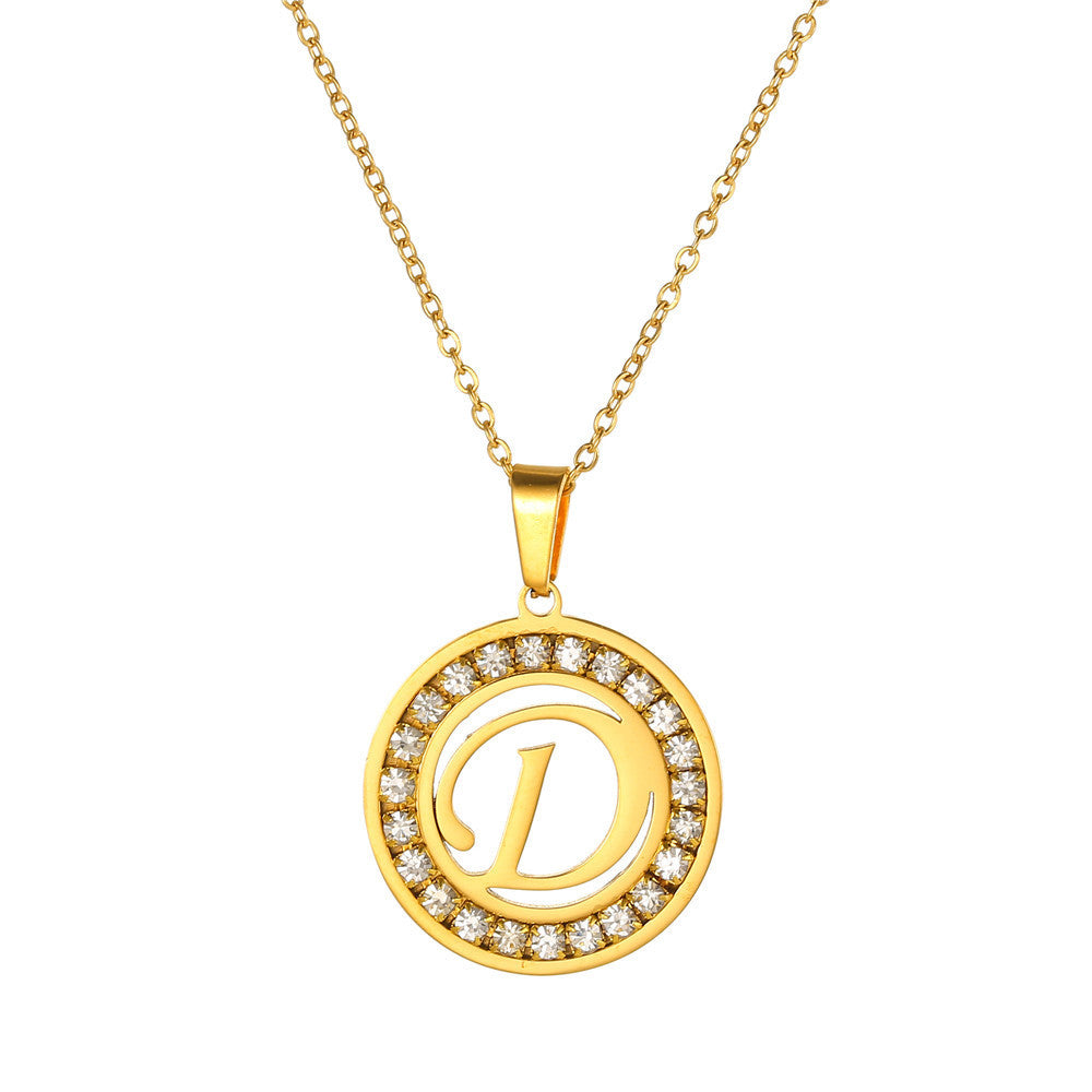Minimalist Gold Plated Round Letter Rhinestone Inlay Pendant Necklace Titanium Steel Cable Chain