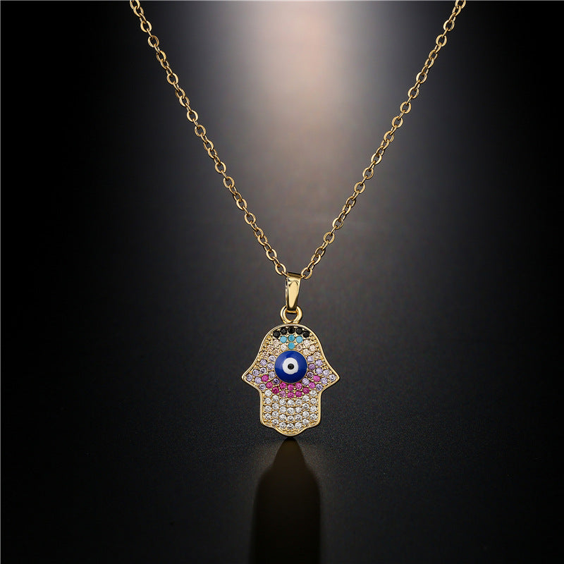 Fashion Hand Evil Eye Geometric Drip Oil Gold Plated Brass Micro-inlay Cubic Zirconia Necklace for Women with Cable Chain