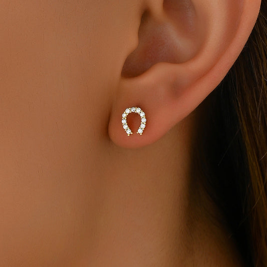 Minimalist U-Shaped Geometric Stud Earrings for Women with Zircon Inlay and Stainless Steel Posts
