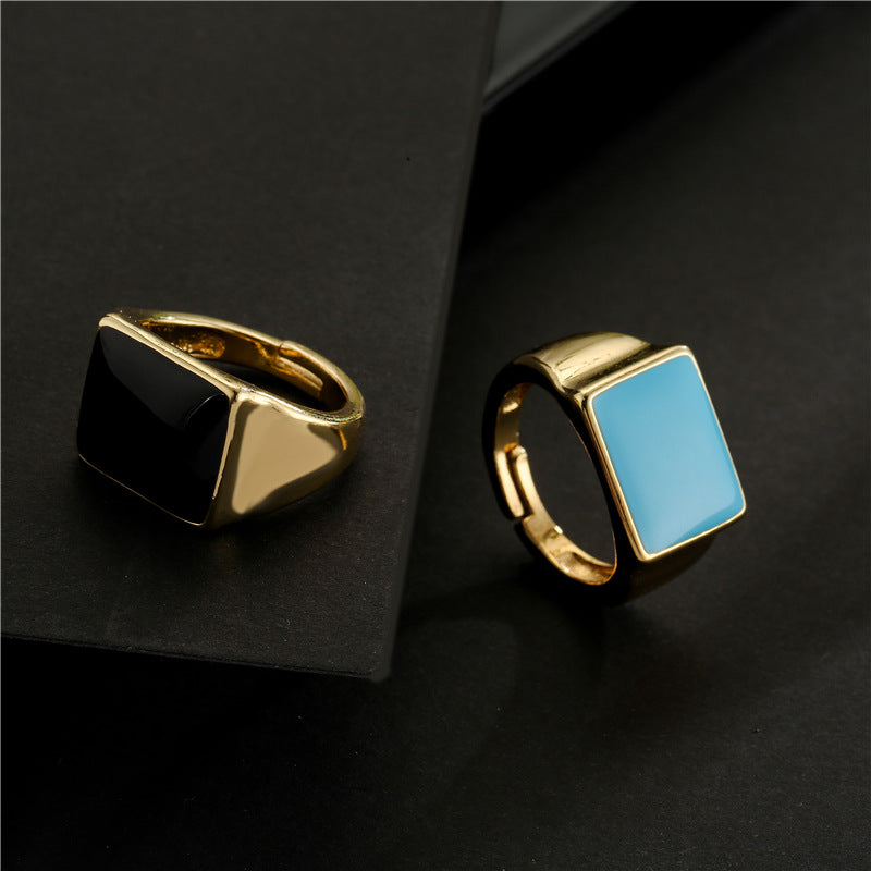 Geometric Square Gold Plated Drip Oil Brass Open Ring for Women