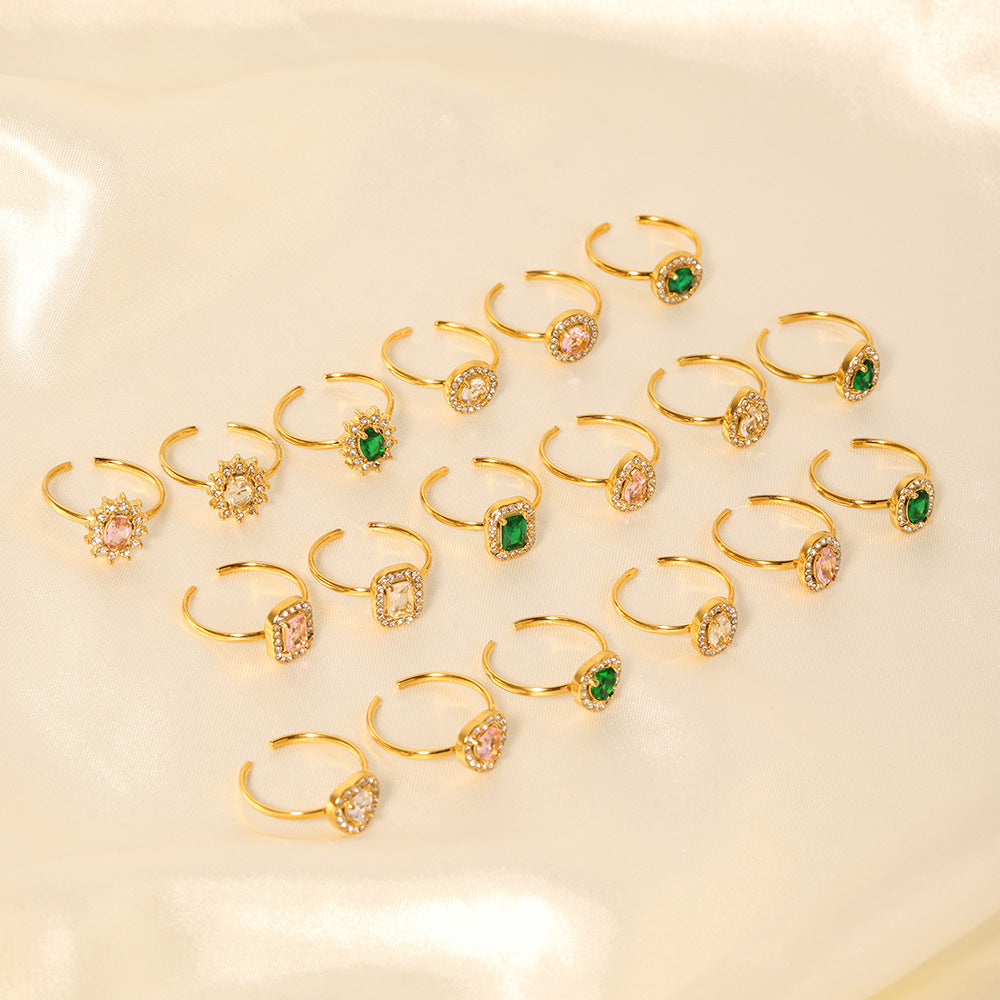 Vintage Stainless Steel Heart-Shaped Geometric Ring with Zircon Inlay and 18K Vacuum Plating for Women