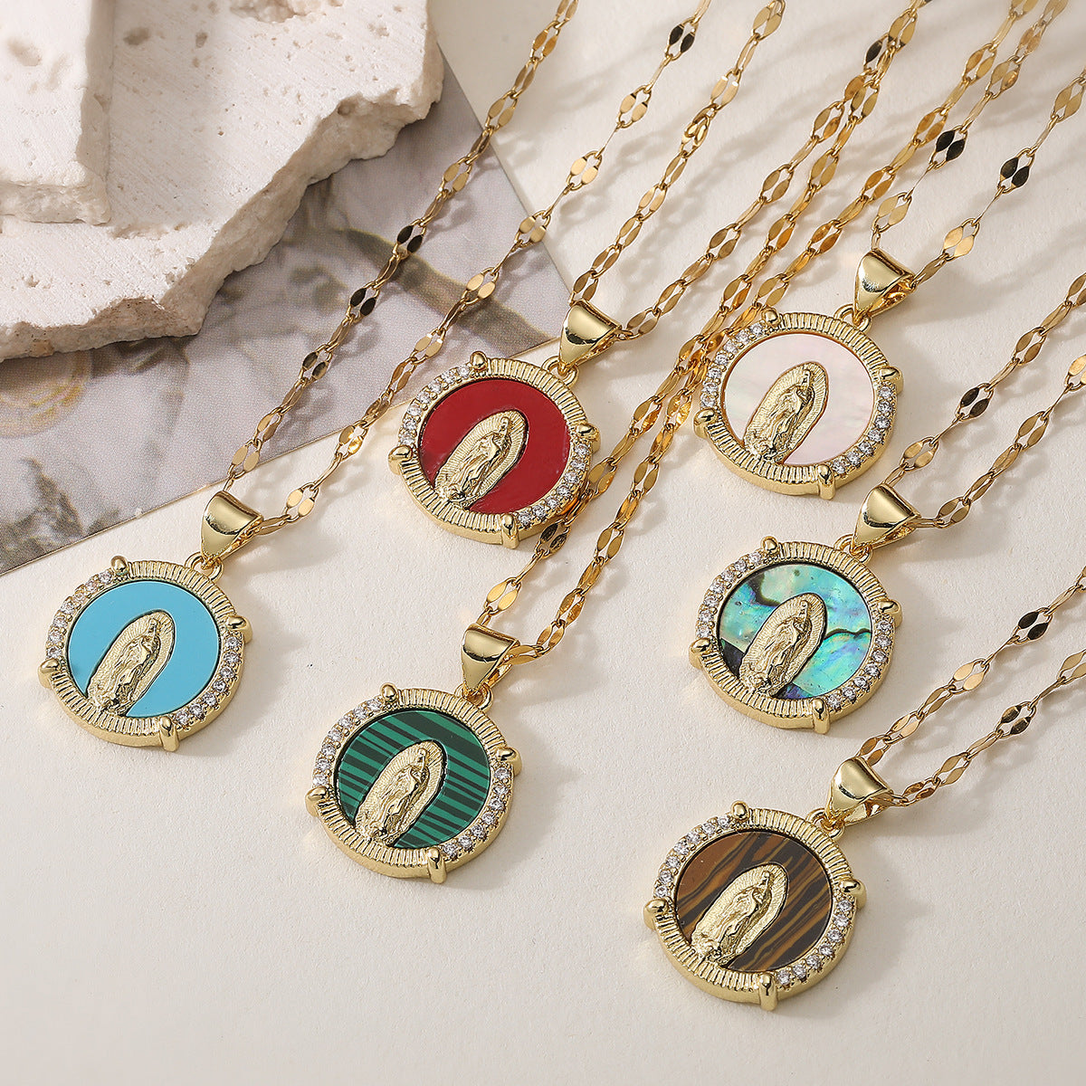 Vintage Minimalist Brass Gold Plated Geometric Virgin Mary Pendant with Cubic Zirconia
