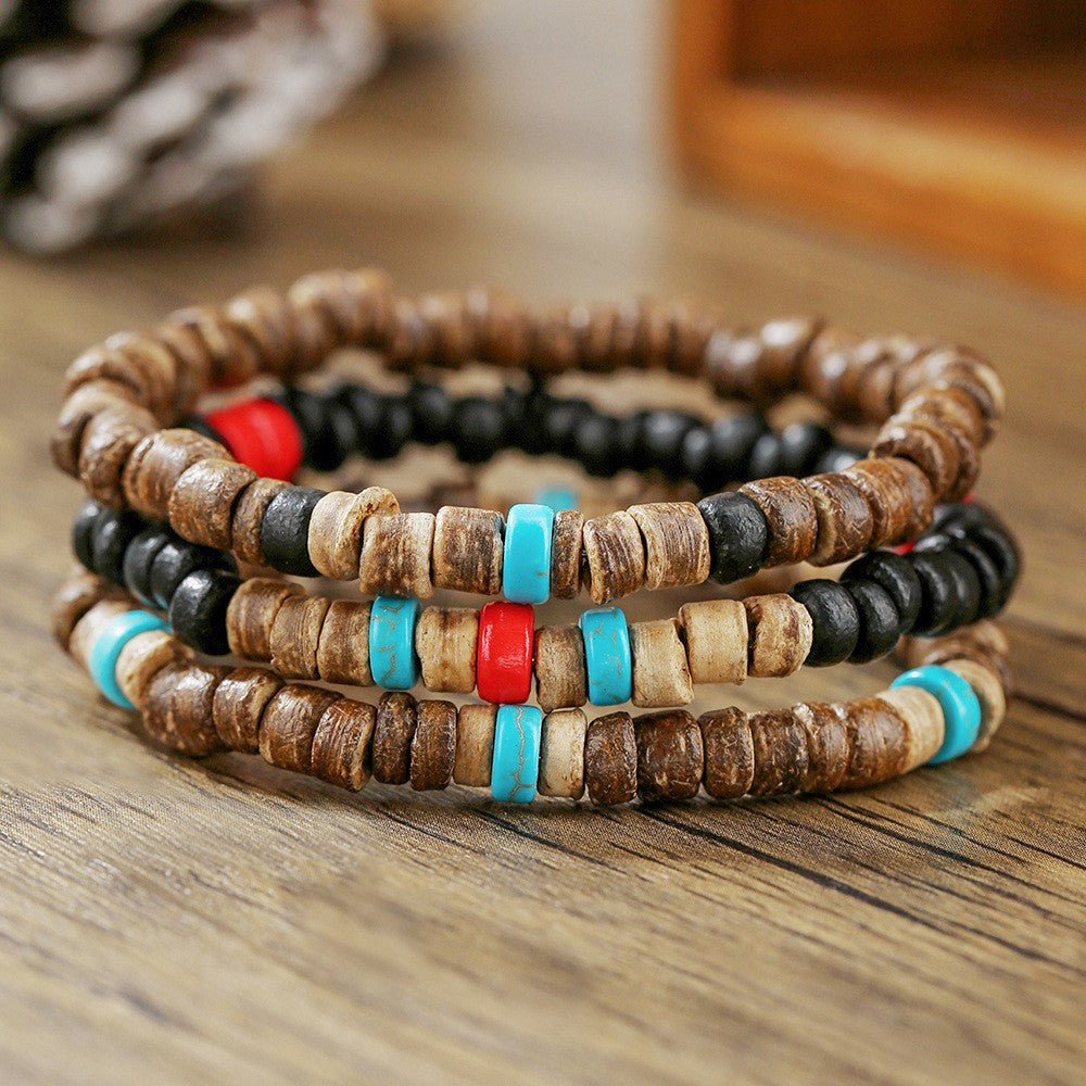 Handmade Round Wood Bead and Alloy Bracelet Unisex Geometric Stackable Jewelry