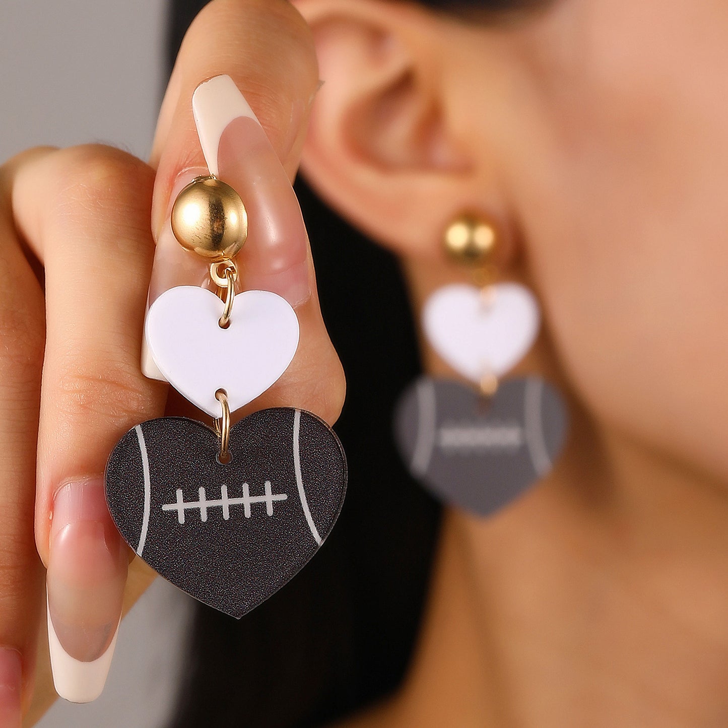 Vintage Acrylic Heart Stud Earrings with Sports Ball Print for Women