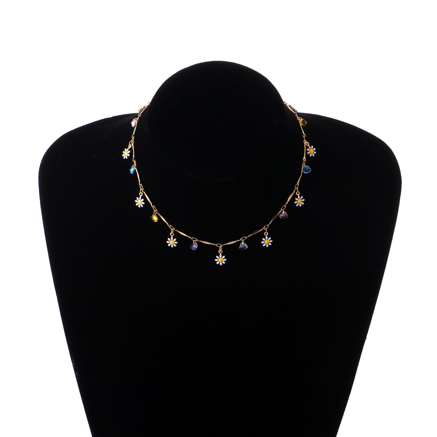Colorful Gemstone Straight Tube Handmade Chain Necklace for Women, Floral Design Minimalist European Style Jewelry