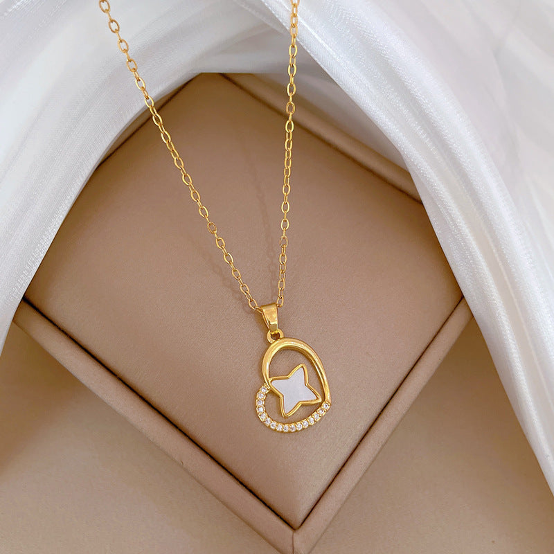 Collana con ciondolo a cuore e stella minimalista da donna, catena in acciaio inossidabile con intarsio di strass, elegante gioiello per clavicola