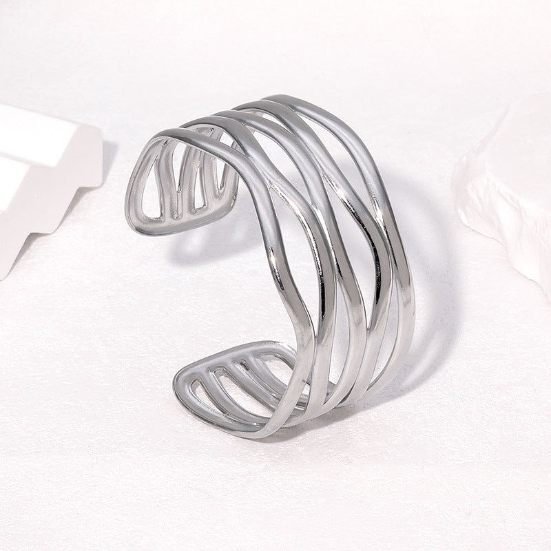 Minimalist Irregular Open Adjustable Stainless Steel Bracelet with 18K Gold Plating