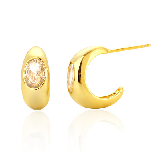 Orecchini da donna ovali a forma di C in argento sterling 925, minimalisti, eleganti, geometrici, intarsiati con diamanti