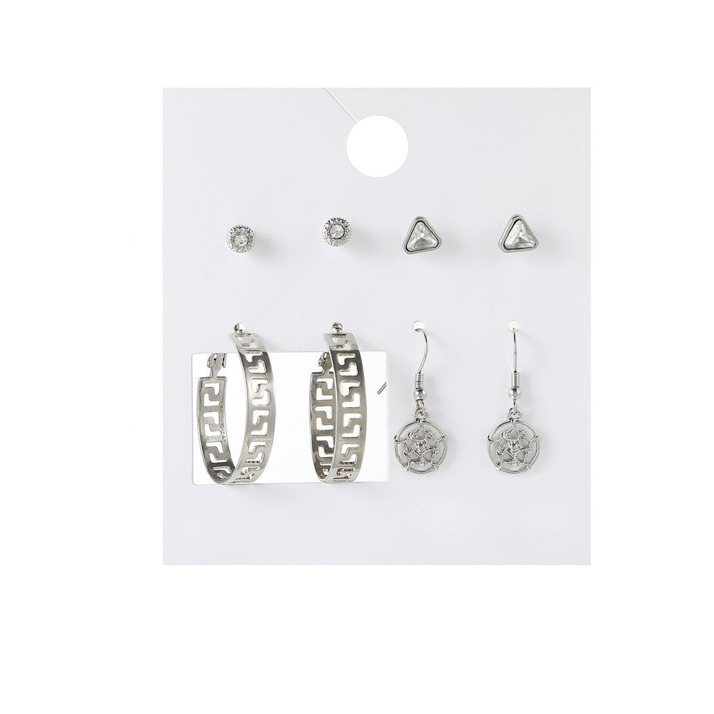 Vintage Geometric Butterfly Round Rhinestone and Pearl Plated Alloy Earring Set