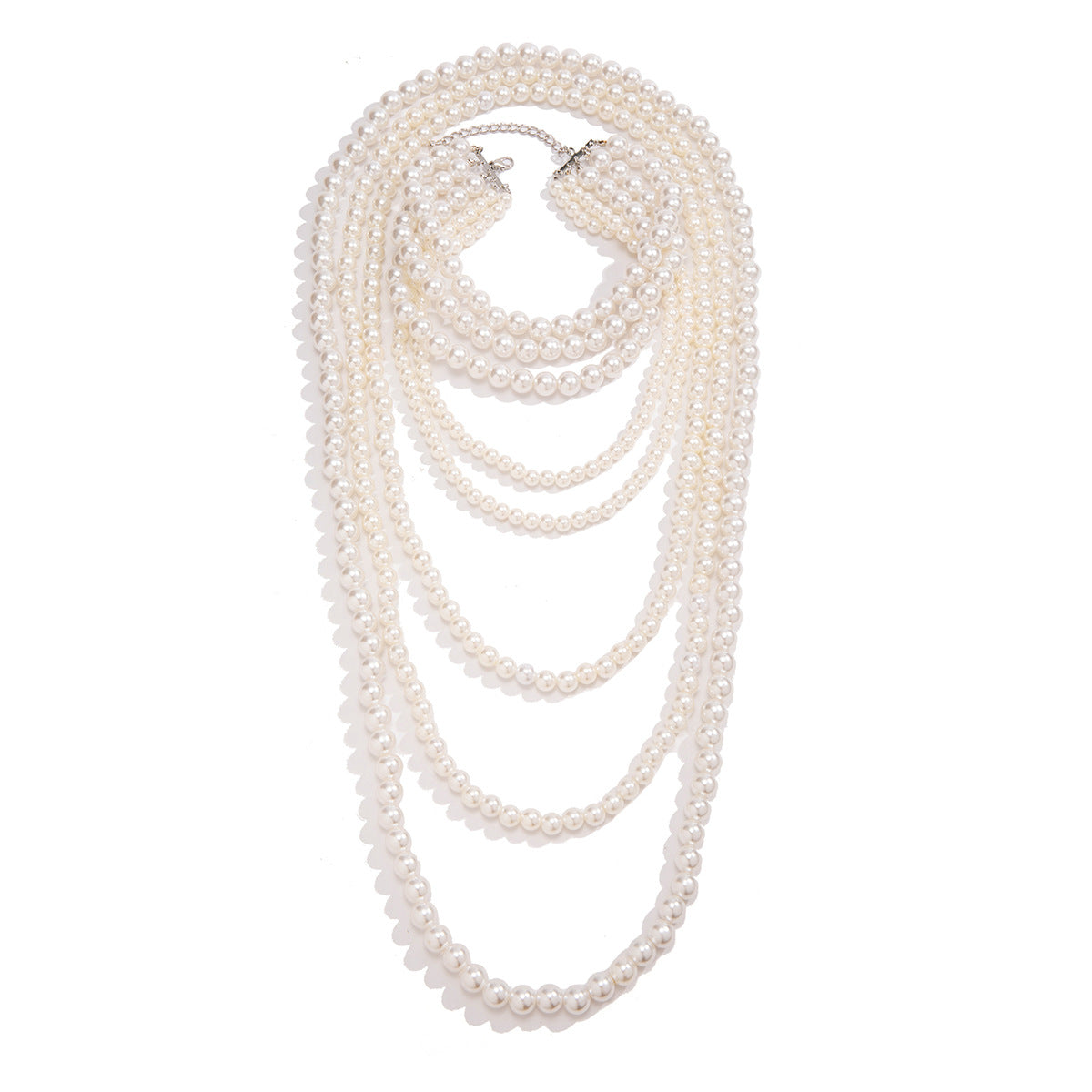 Vintage French-Inspired Multi-Layer Pearl-Style Choker Necklace for Women with Geometric Beads and Ball Chain