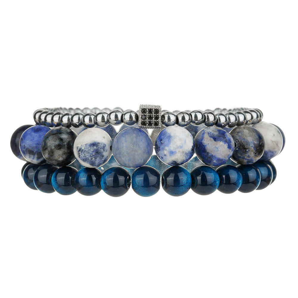 Minimalist Blue Dot Blue Tiger Eye Round Beaded Stretch Bracelet Set with Cubic Zirconia