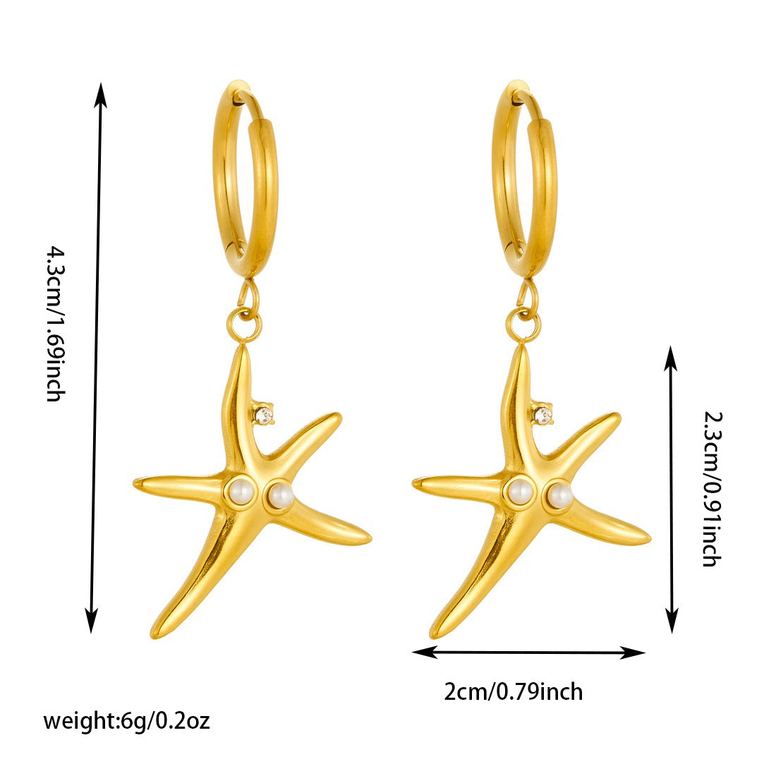 Vintage Sweet Gold Plated Stainless Steel Starfish Pendant Necklace Set with Rhinestone and Pearl