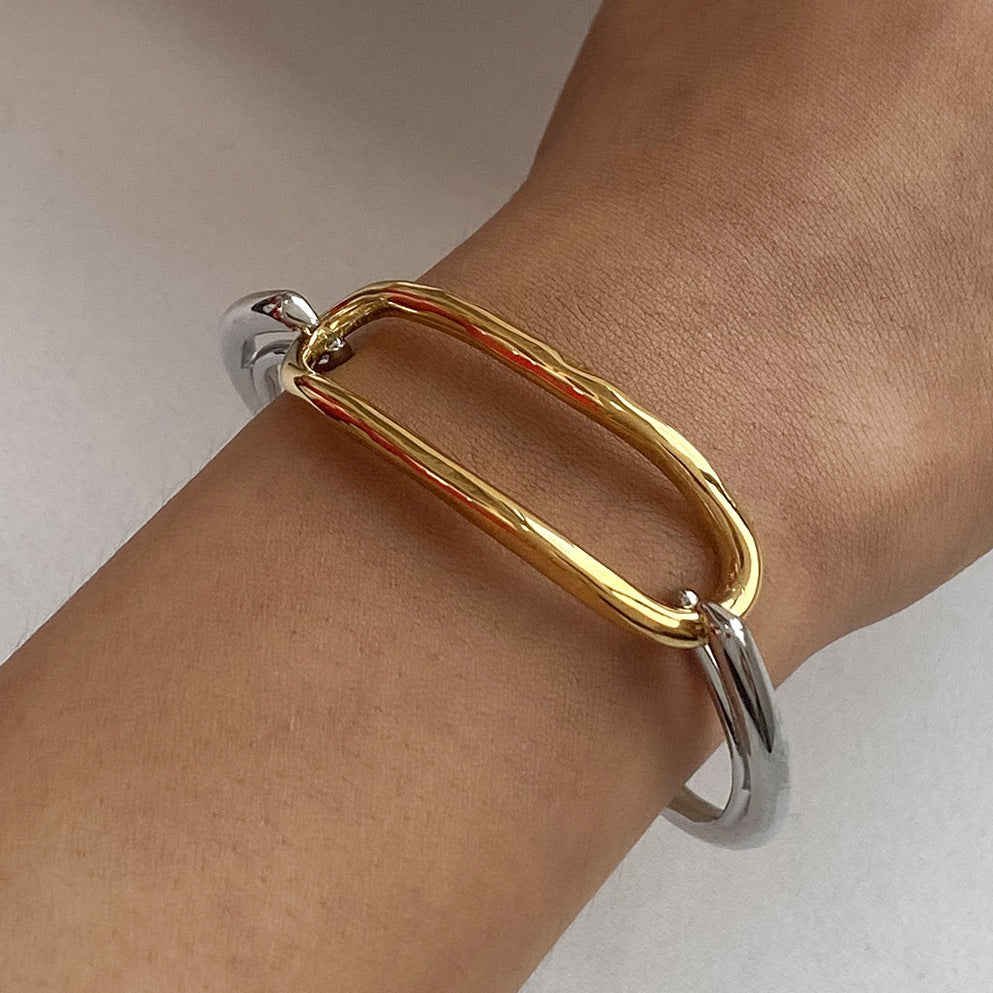 Pulsera de acero inoxidable con baño de oro de 18 quilates de dos tonos, geométrica y minimalista para mujer