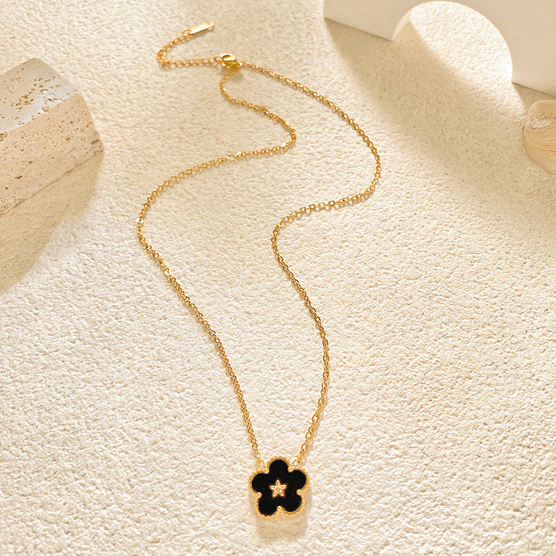 Minimalist Luxury Black Five-Petal Flower Titanium Steel Necklace