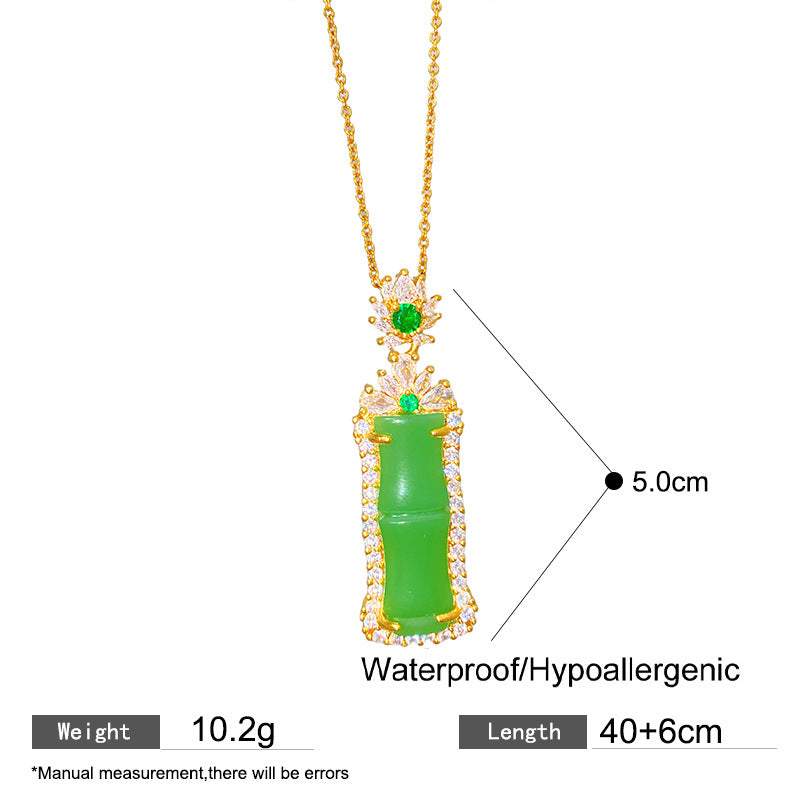 Vintage Sweet Green Bamboo Heart Plant Titanium Steel Plated Brass Pendant Necklace Cable Chain Unisex