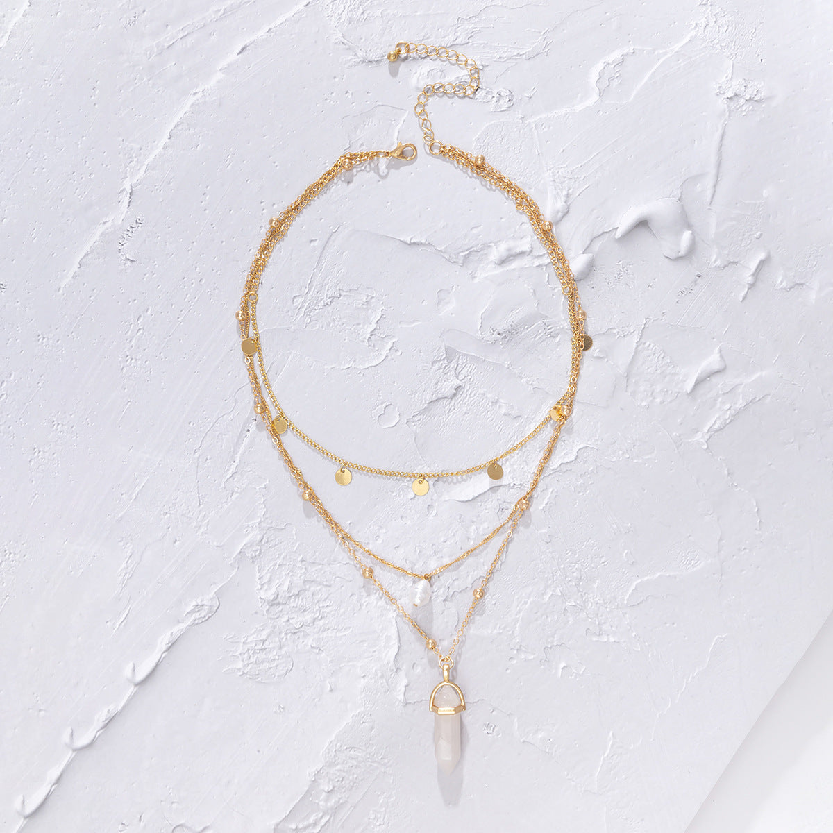 Vintage Bohemian Geometric Alloy Plated Necklace with Crystal Pearl Pendant and Tassel Curb Chain for Women