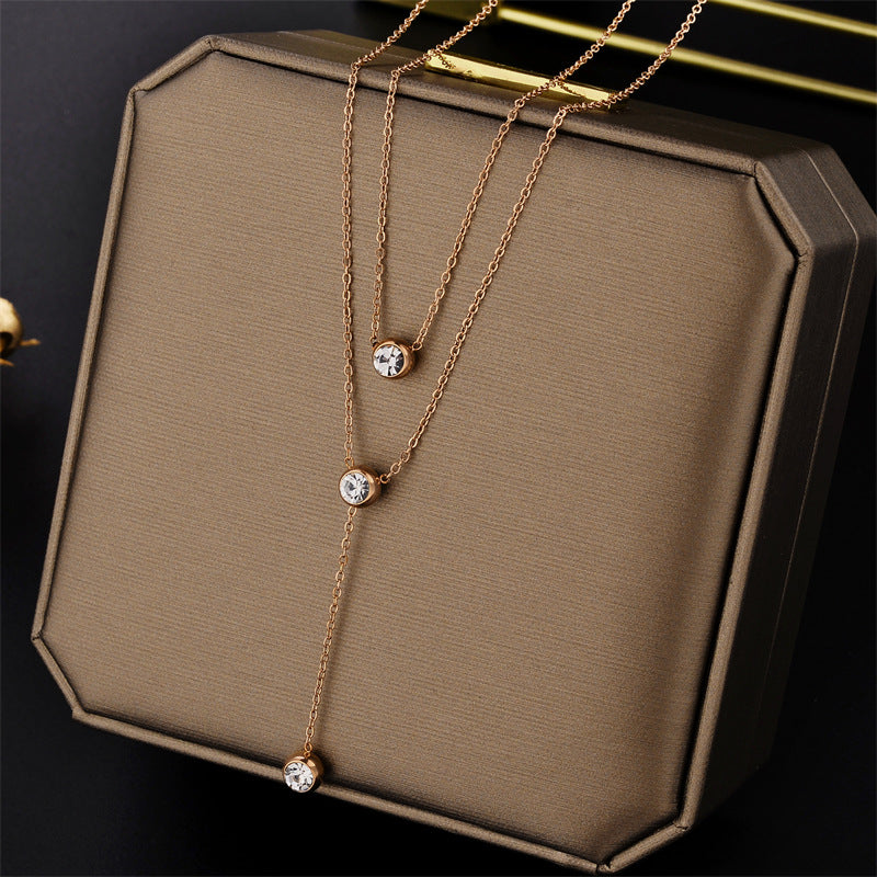 Double Layer Tassel Titanium Steel Necklace for Women Sweater Chain Layering Geometric Pendant