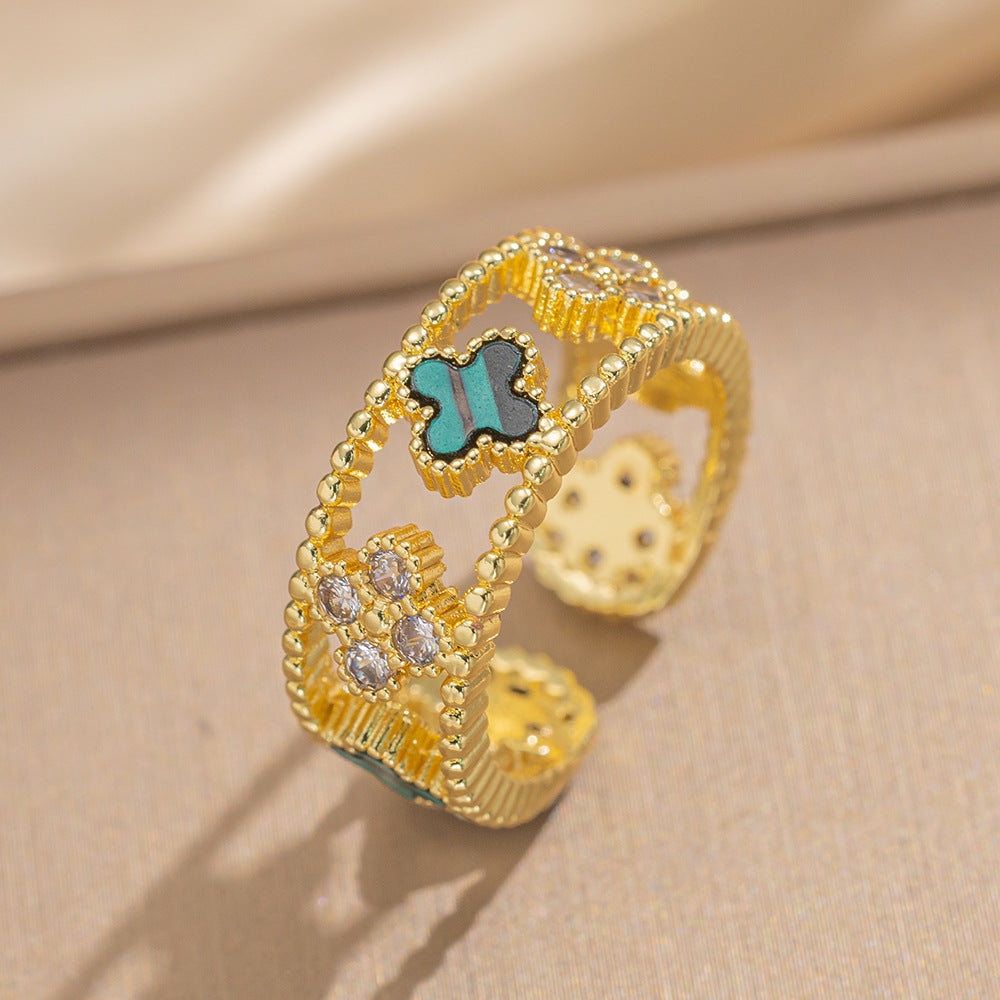 Luxury Minimalist Adjustable Open Ring for Women with Gold-Plated Copper Band and Zircon Stone Accent in Heart and Floral Shape