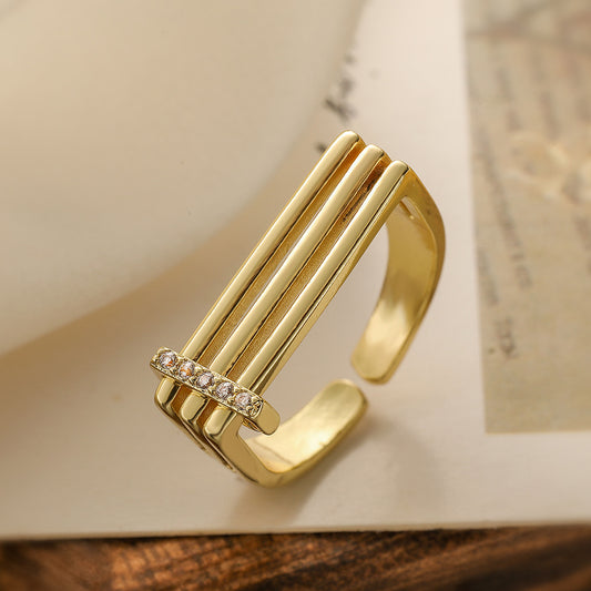 Minimalist Geometric Open Ring for Women Made of Brass with 18K Gold Plating and Cubic Zirconia Inlay