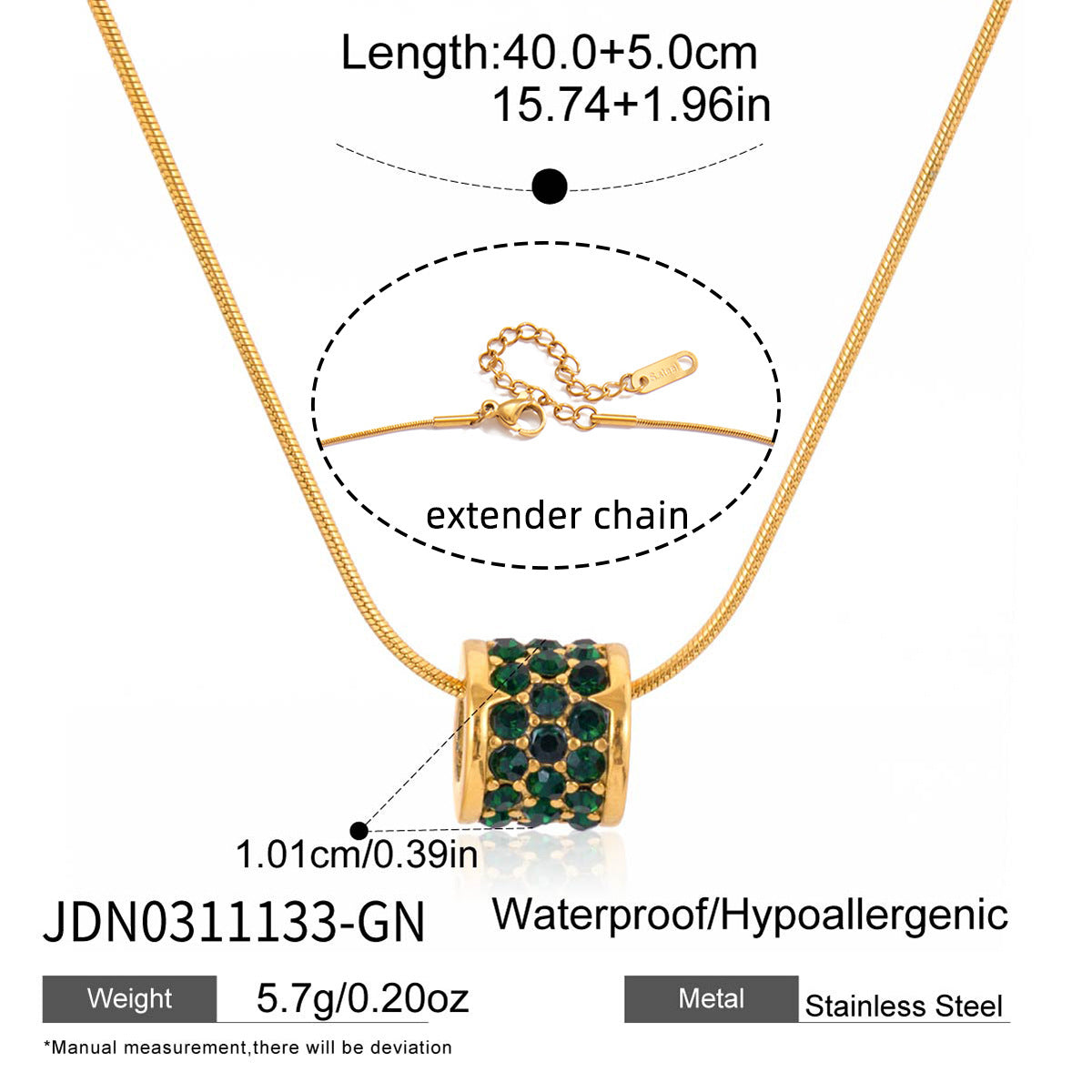 Minimalist Green Cubic Zirconia Geometric Triangle Stainless Steel PVD Necklace for Women