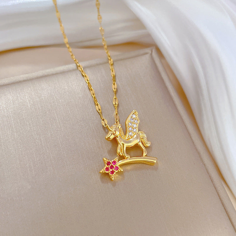 Collana con Pendente Bacchetta Magica Pegaso Geometrico in Acciaio al Titanio di Lusso per Donna con Catena in Acciaio Inossidabile Lunghezza Regolabile