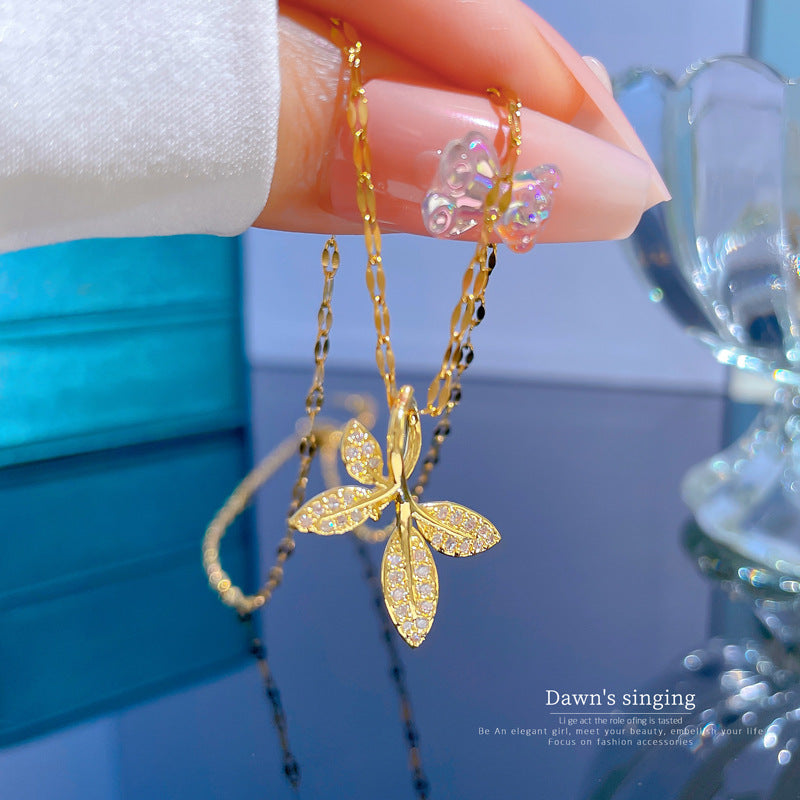 Minimalist Leaf-Shaped Titanium Steel Necklace with Micro-Pavé Rhinestones for Women
