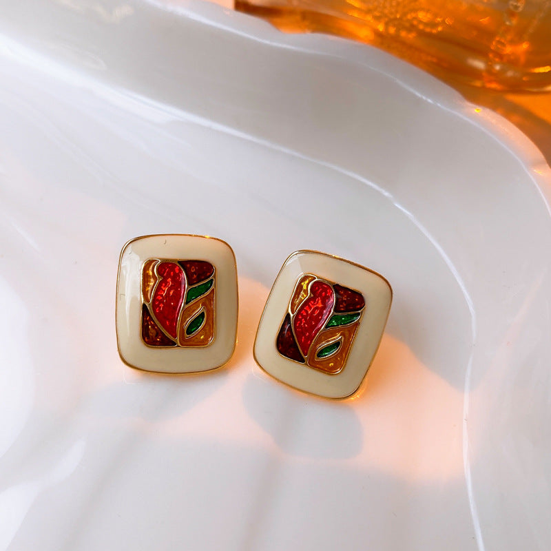 Vintage Geometric Earrings with Enamel Finish in Copper Base and Steel Posts for Women
