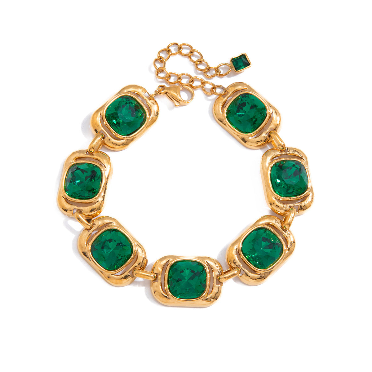 Minimalist Green Glass Square Geometric Titanium Steel Plated Necklace Bracelet Earrings Set for Women