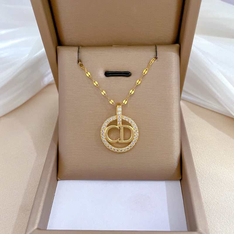 Minimalist Geometric Titanium Steel Necklace with Gold Plated Brass Pendant and Rhinestone Inlay